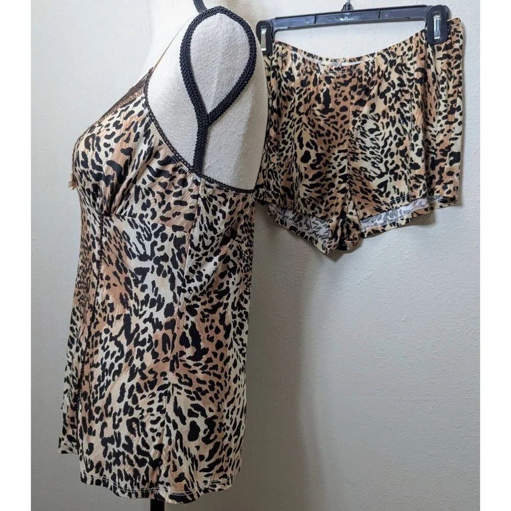 Womens Size Small 2 Pc Babydoll‎ Cami & Shorts Pajama Set Leopard Vintage Retro